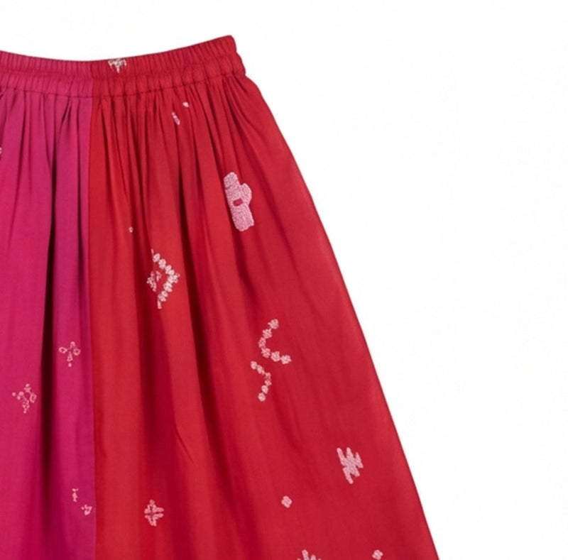 The Joy Skirt-Pink & Red cotton jamdani skirt by World of Crow in crimson red for women in Singapore