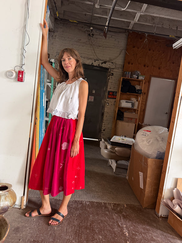 The Joy Skirt-Pink & Red cotton jamdani skirt by World of Crow in crimson red for women in Singapore