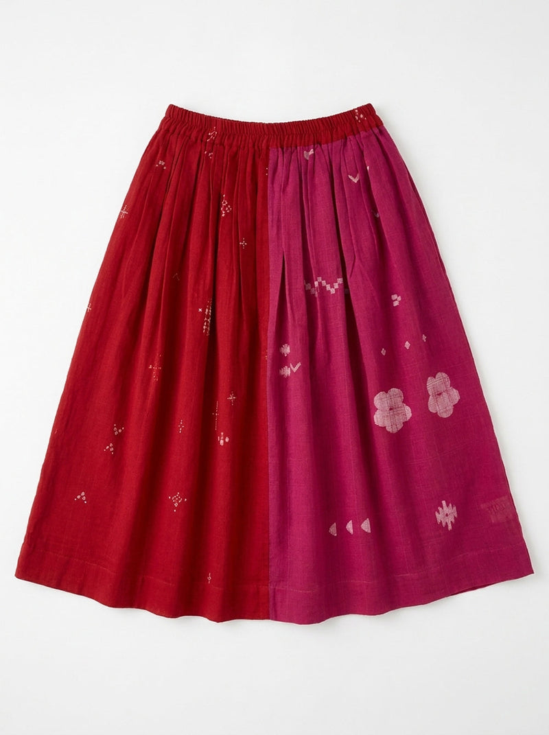 The Joy Skirt-Pink & Red cotton jamdani skirt by World of Crow in crimson red for women in Singapore