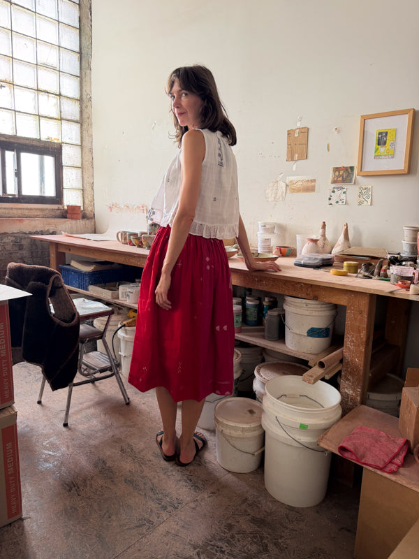 The Joy Skirt-Pink & Red cotton jamdani skirt by World of Crow in crimson red for women in Singapore