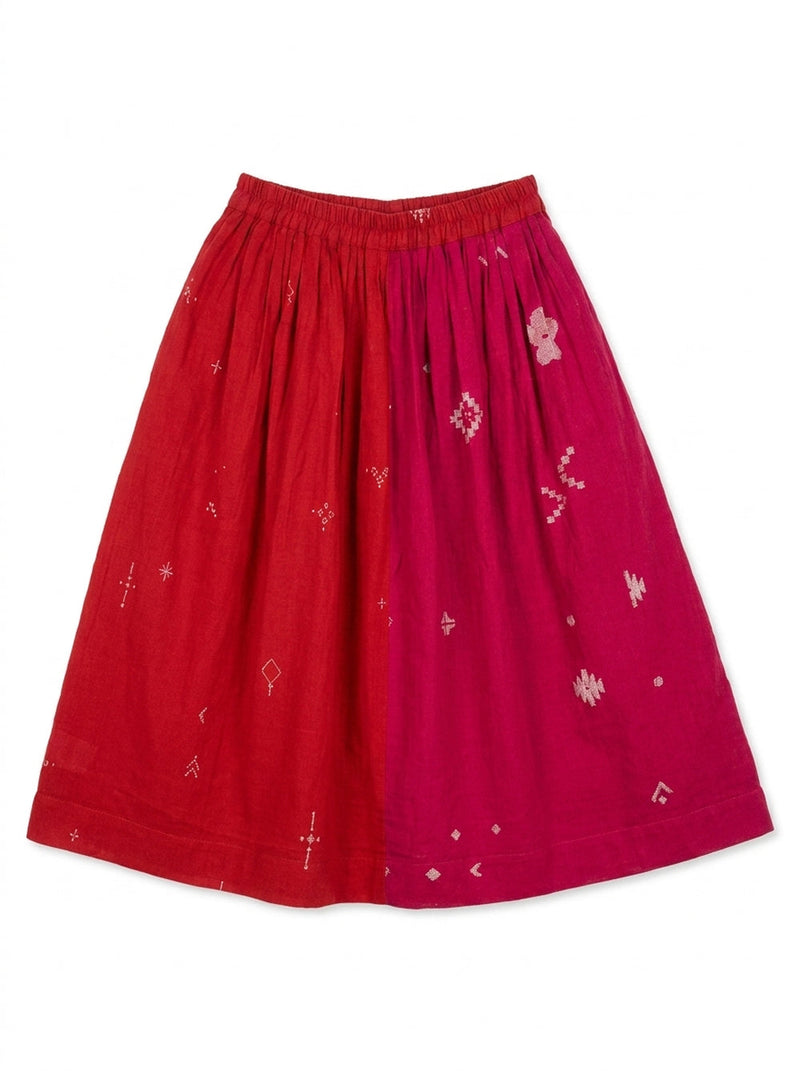 The Joy Skirt-Pink & Red cotton jamdani skirt by World of Crow in crimson red for women in Singapore