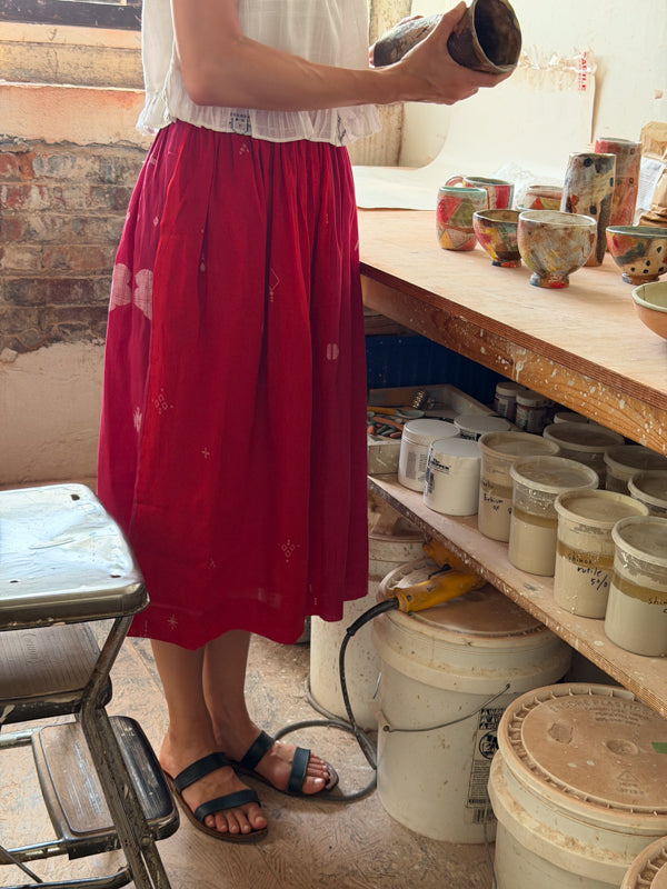 The Joy Skirt-Pink & Red cotton jamdani skirt by World of Crow in crimson red for women in Singapore