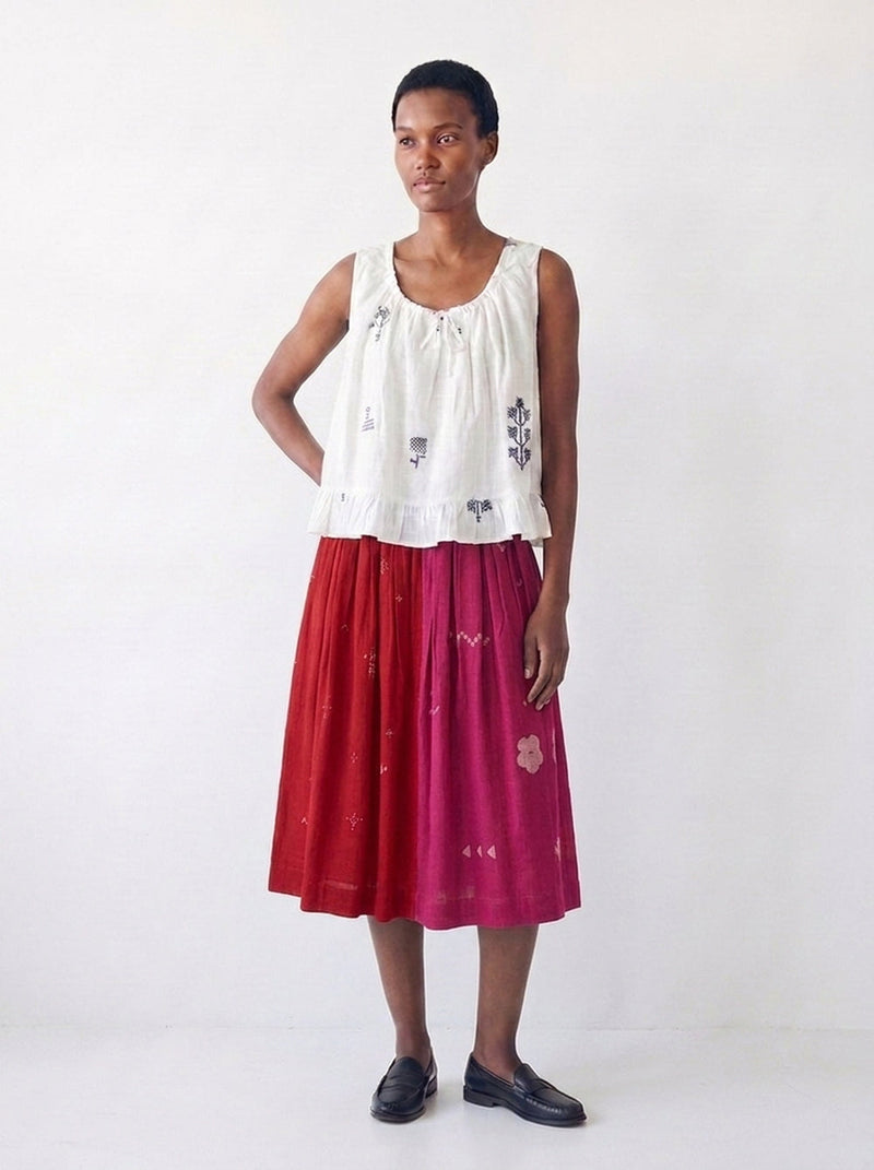 The Joy Skirt-Pink & Red cotton jamdani skirt by World of Crow in crimson red for women in Singapore