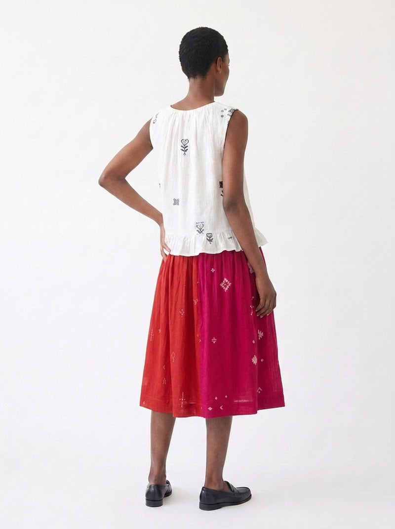 The Joy Skirt-Pink & Red cotton jamdani skirt by World of Crow in crimson red for women in Singapore