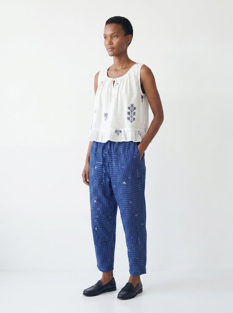 The Midday Pants-Grid Patchwork cotton jamdani pant/trouser by World of Crow in blue for women in Singapore
