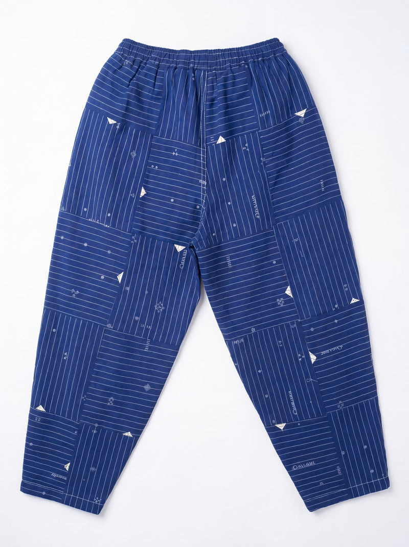 The Midday Pants-Grid Patchwork cotton jamdani pant/trouser by World of Crow in blue for women in Singapore