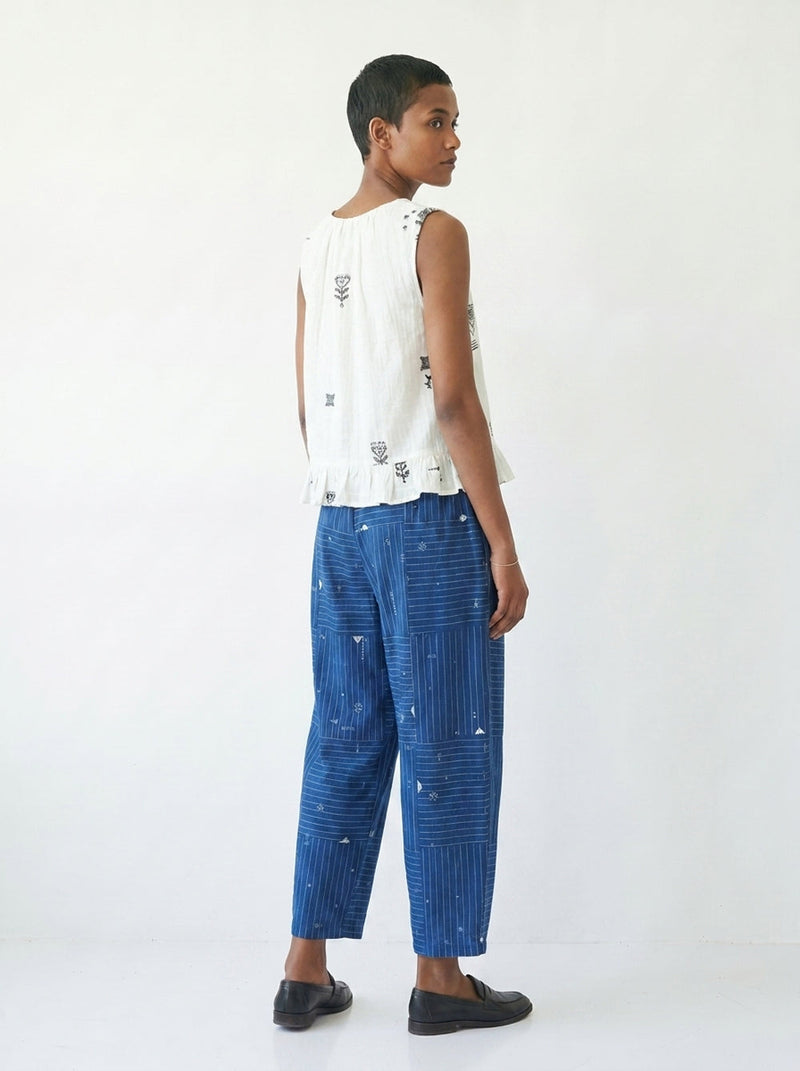 The Midday Pants-Grid Patchwork cotton jamdani pant/trouser by World of Crow in blue for women in Singapore