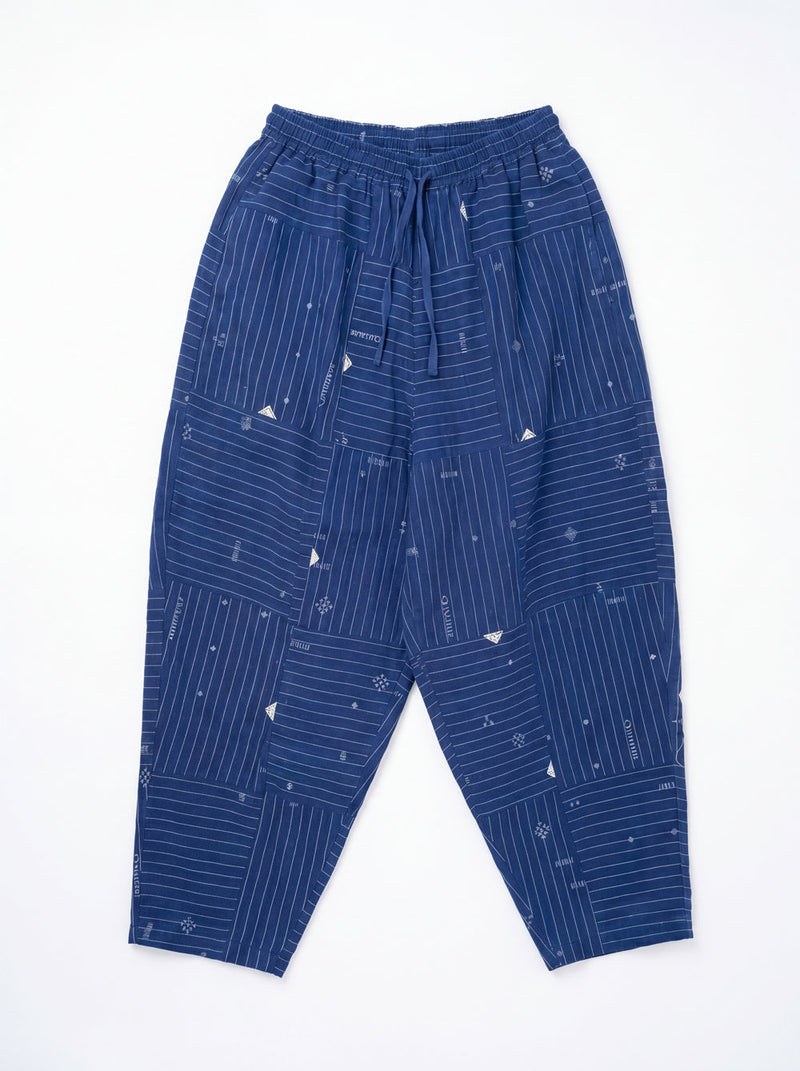 The Midday Pants-Grid Patchwork cotton jamdani pant/trouser by World of Crow in blue for women in Singapore