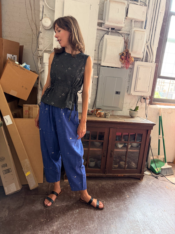 The Midday Pants-Grid Patchwork cotton jamdani pant/trouser by World of Crow in blue for women in Singapore
