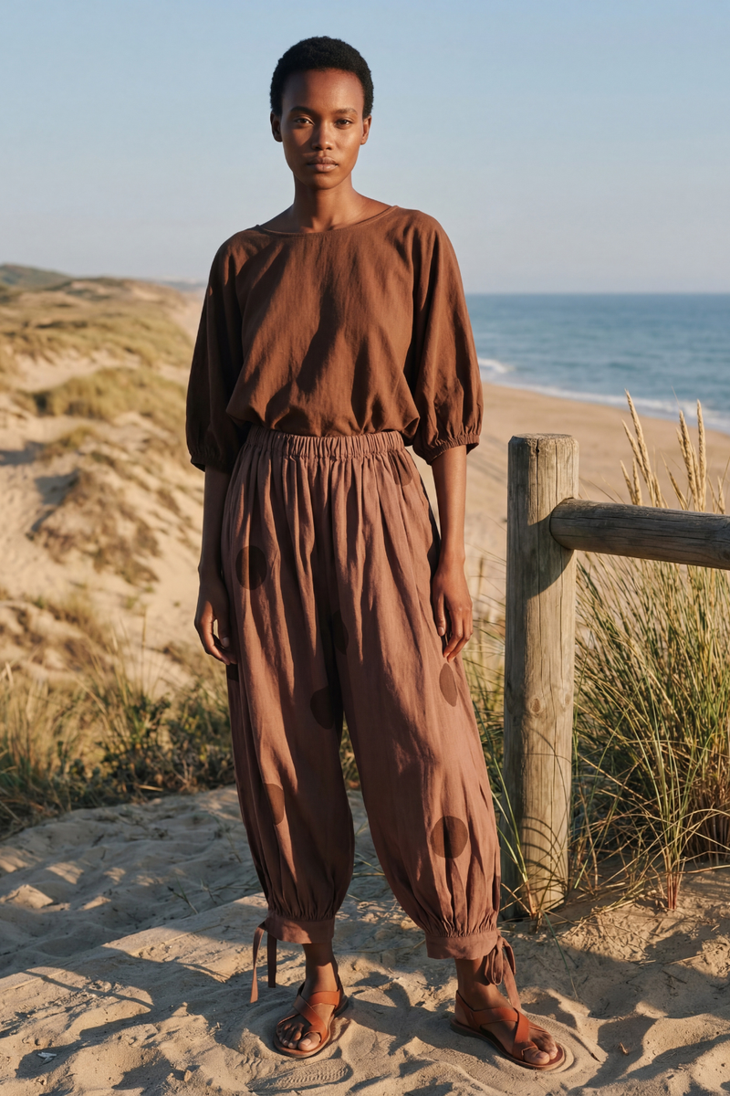 The Noe Pants – Polka Brown cotton by World of Crow in brown color for women in Singapore