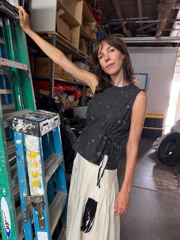 The Pleated Artisan Skirt-Basket Patchwork cotton muslin skirt by World of Crow in white for women in Singapore