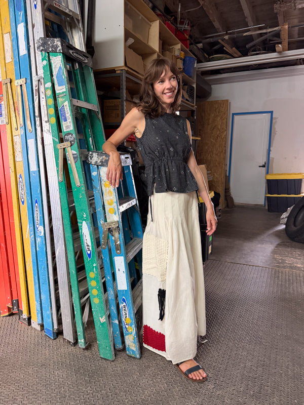 The Pleated Artisan Skirt-Basket Patchwork cotton muslin skirt by World of Crow in white for women in Singapore