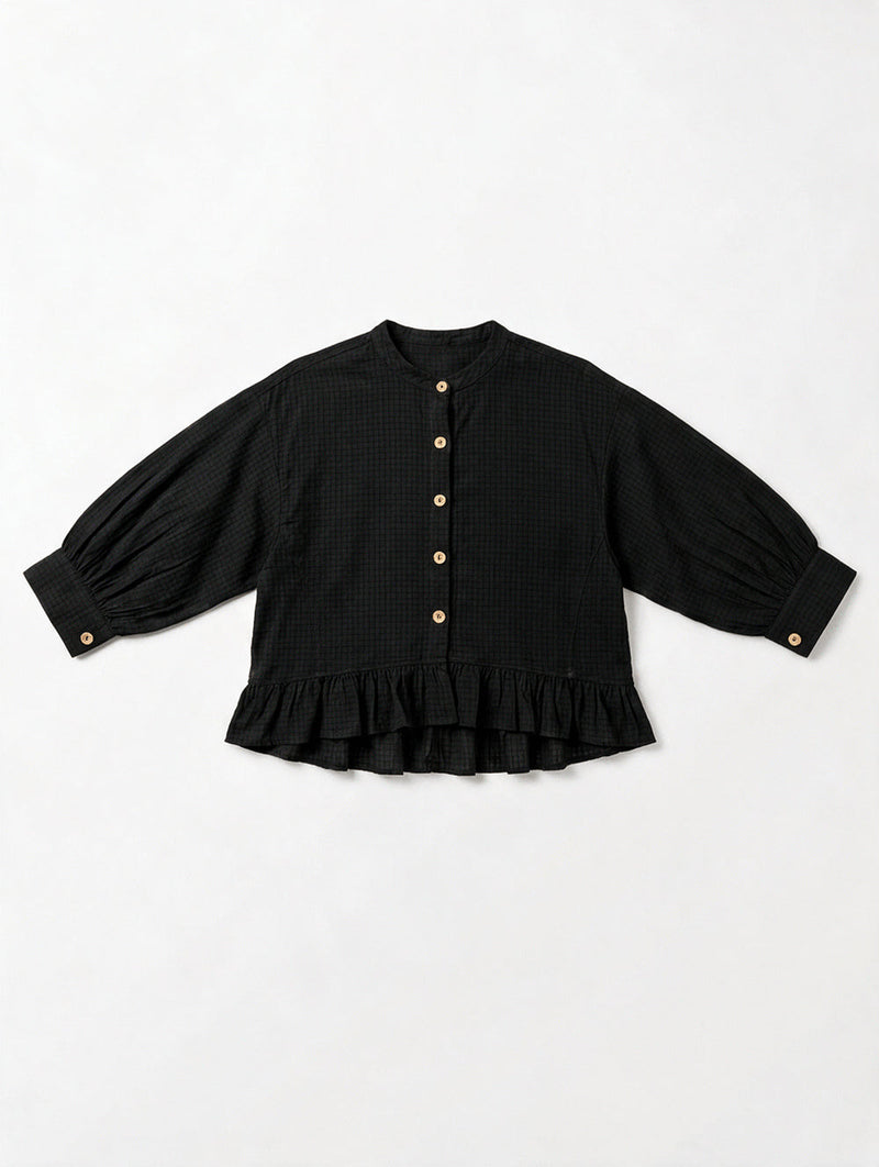 The Scarlet Frill Top-Black fine muslin top/shirt by World of Crow in black for women in Singapore