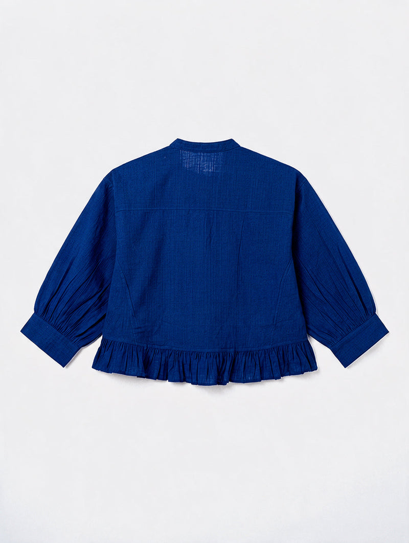 The Scarlet Frill Top-Royal Blue fine muslin top/shirt by World of Crow in blue for women in Singapore