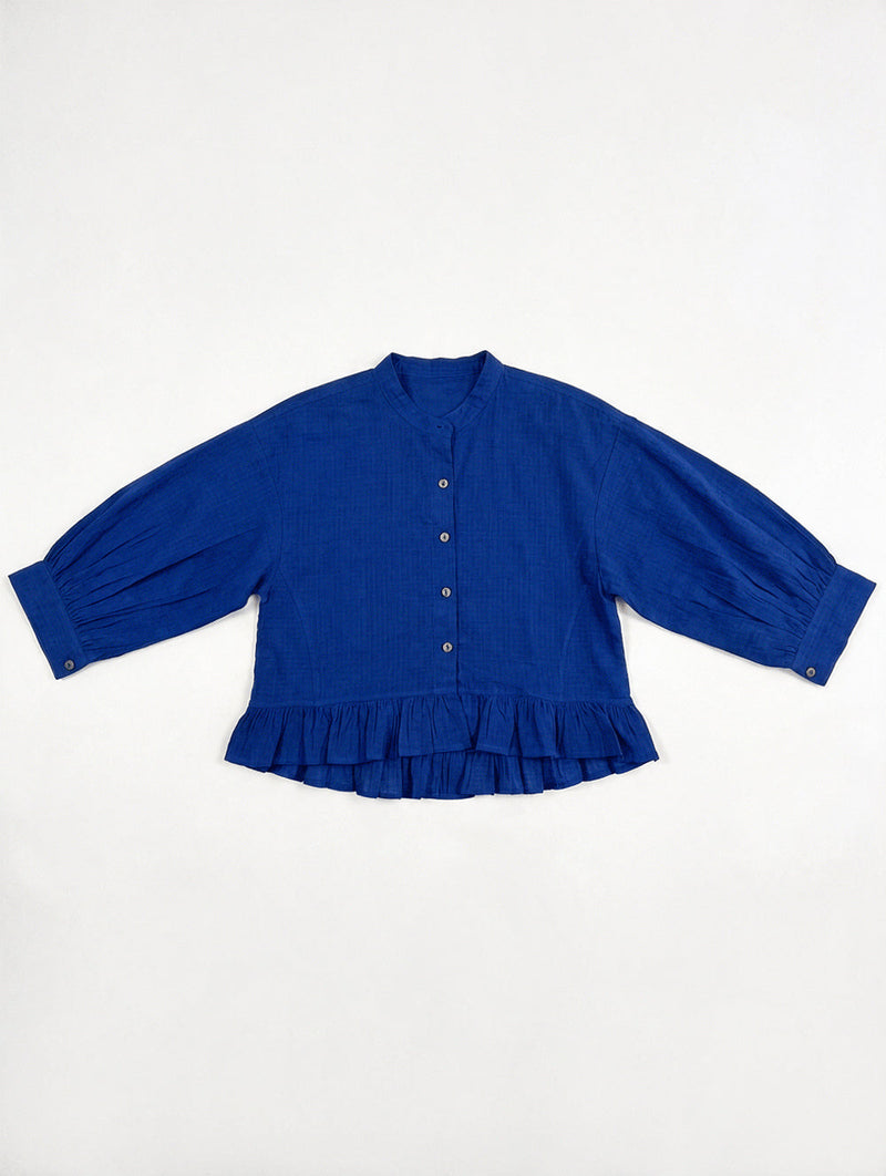 The Scarlet Frill Top-Royal Blue fine muslin top/shirt by World of Crow in blue for women in Singapore