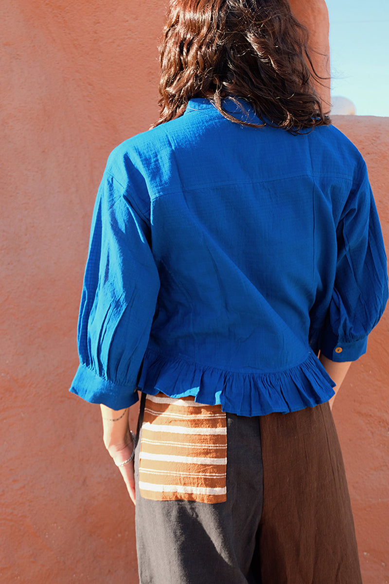 The Scarlet Frill Top-Royal Blue fine muslin top/shirt by World of Crow in blue for women in Singapore