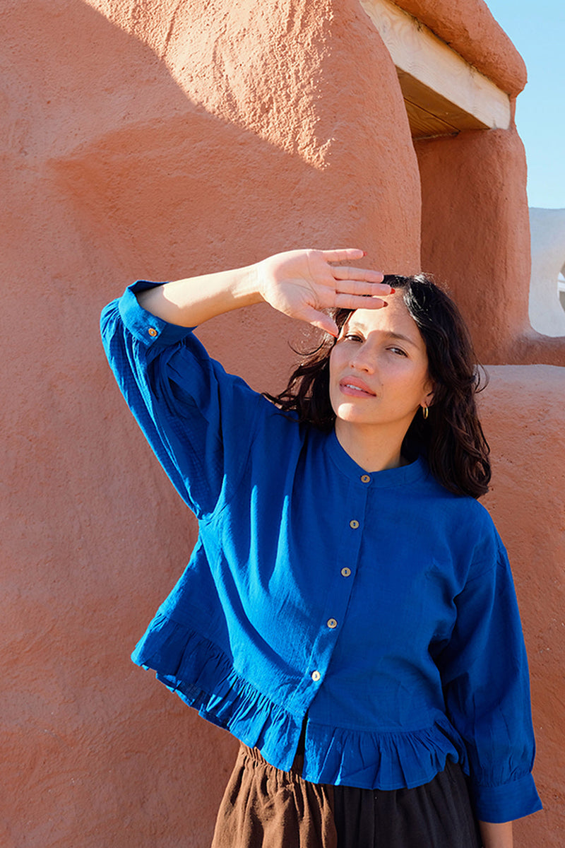 The Scarlet Frill Top-Royal Blue fine muslin top/shirt by World of Crow in blue for women in Singapore