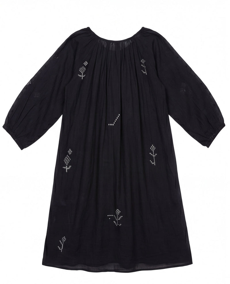 The Scoop-Neck Gathered Dress-Black cotton jamdani dress by World of Crow in black for women in Singapore