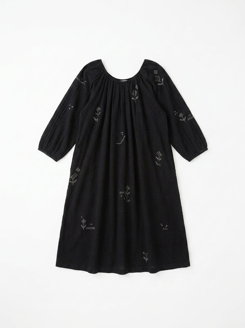 The Scoop-Neck Gathered Dress-Black cotton jamdani dress by World of Crow in black for women in Singapore