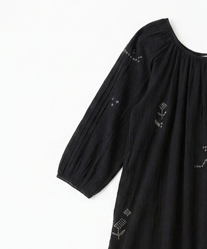 The Scoop-Neck Gathered Dress-Black cotton jamdani dress by World of Crow in black for women in Singapore