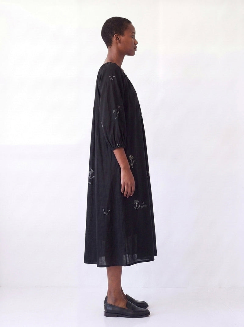 The Scoop-Neck Gathered Dress-Black cotton jamdani dress by World of Crow in black for women in Singapore