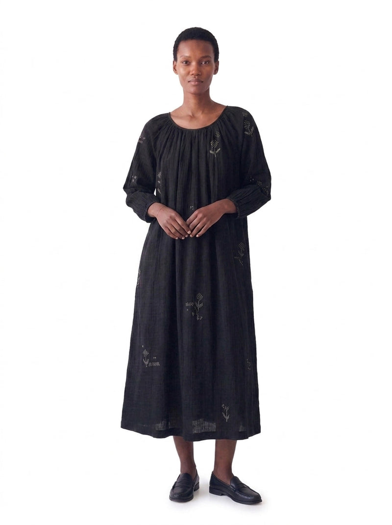 The Scoop-Neck Gathered Dress-Black cotton jamdani dress by World of Crow in black for women in Singapore