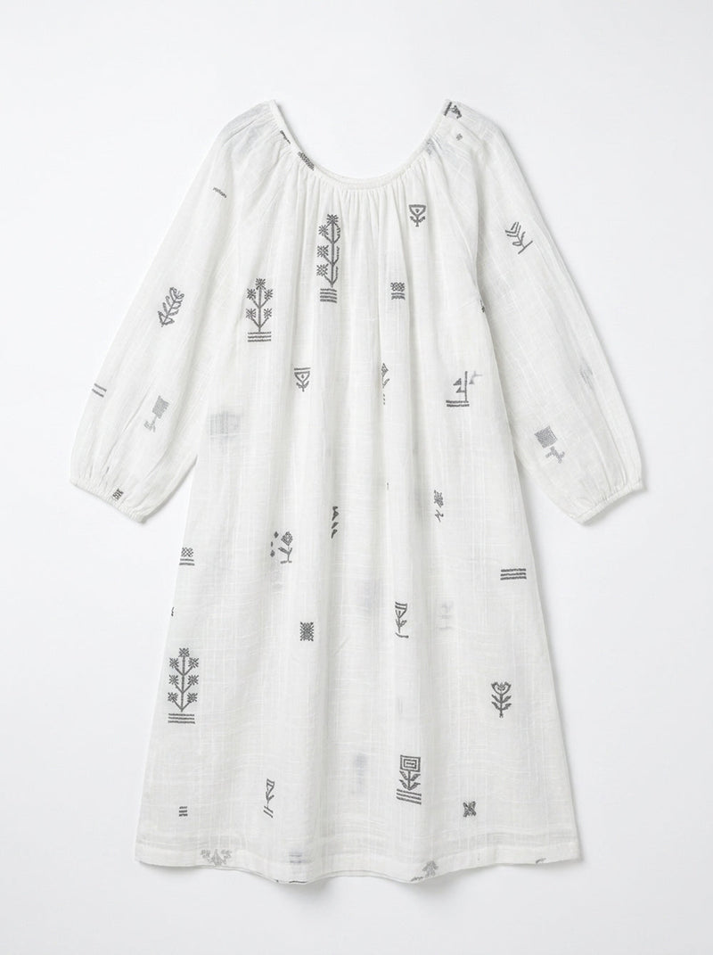 The Scoop-Neck Gathered Dress-White cotton jamdani dress by World of Crow in white for women in Singapore