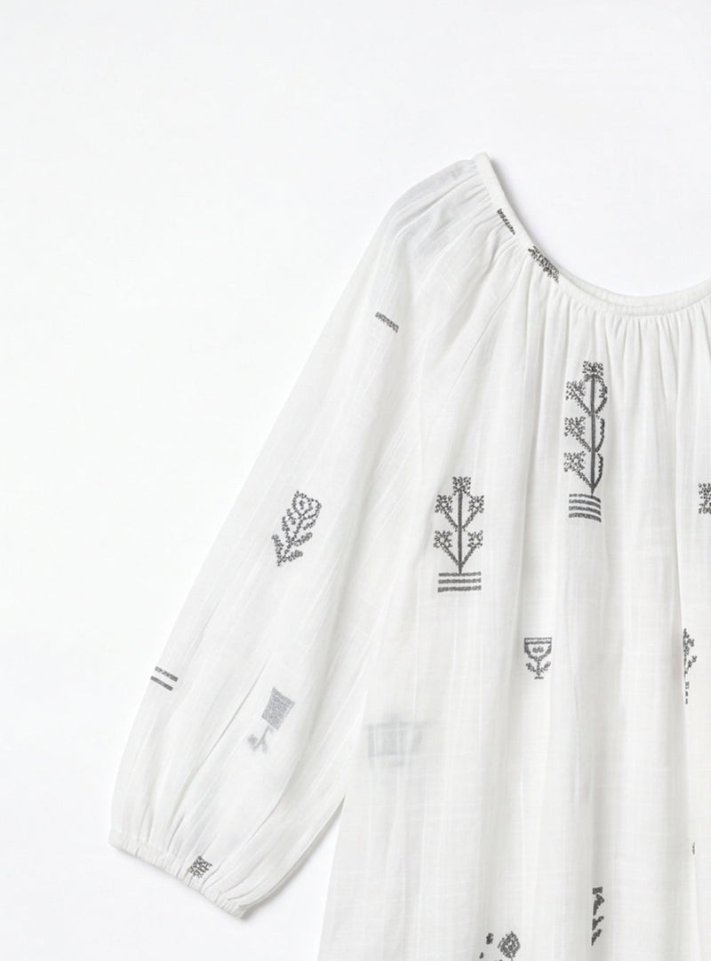 The Scoop-Neck Gathered Dress-White cotton jamdani dress by World of Crow in white for women in Singapore