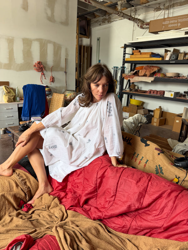The Scoop-Neck Gathered Dress-White cotton jamdani dress by World of Crow in white for women in Singapore
