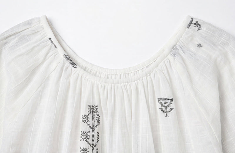 The Scoop-Neck Gathered Dress-White cotton jamdani dress by World of Crow in white for women in Singapore