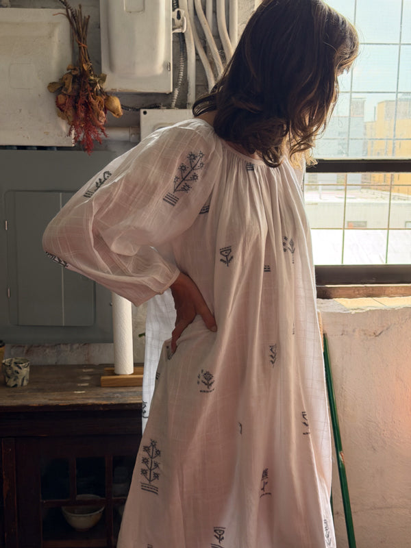 The Scoop-Neck Gathered Dress-White cotton jamdani dress by World of Crow in white for women in Singapore