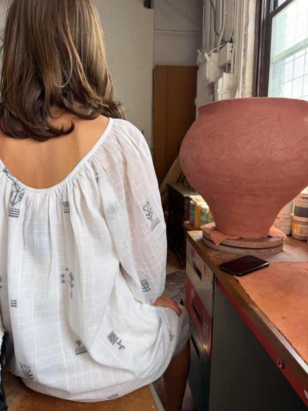 The Scoop-Neck Gathered Dress-White cotton jamdani dress by World of Crow in white for women in Singapore
