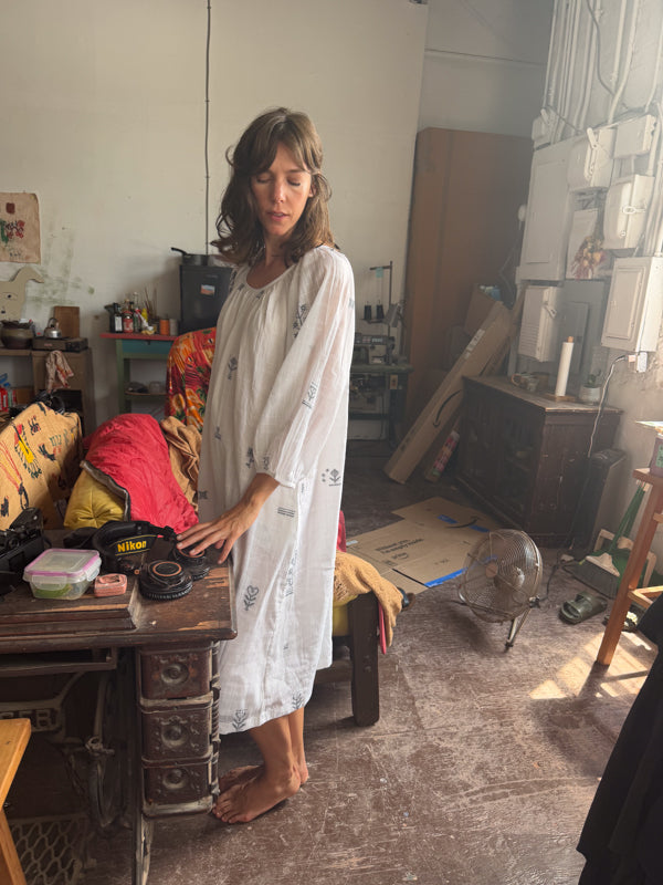 The Scoop-Neck Gathered Dress-White cotton jamdani dress by World of Crow in white for women in Singapore