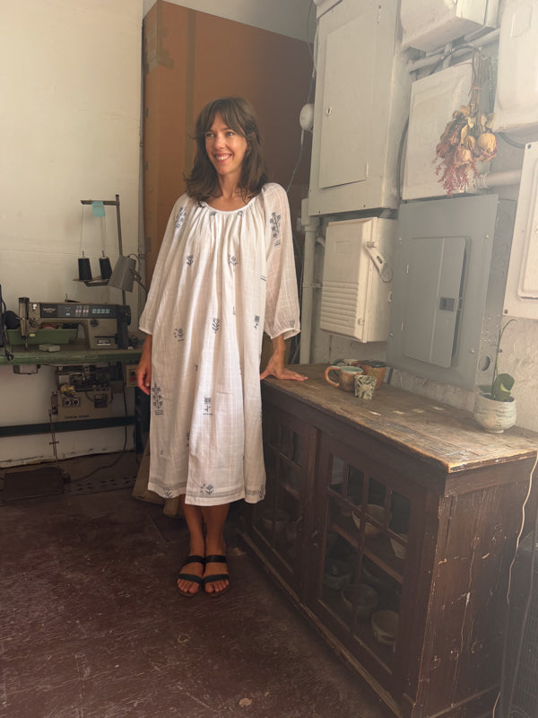 The Scoop-Neck Gathered Dress-White cotton jamdani dress by World of Crow in white for women in Singapore