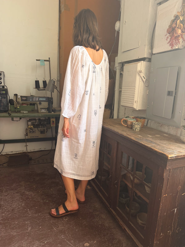 The Scoop-Neck Gathered Dress-White cotton jamdani dress by World of Crow in white for women in Singapore