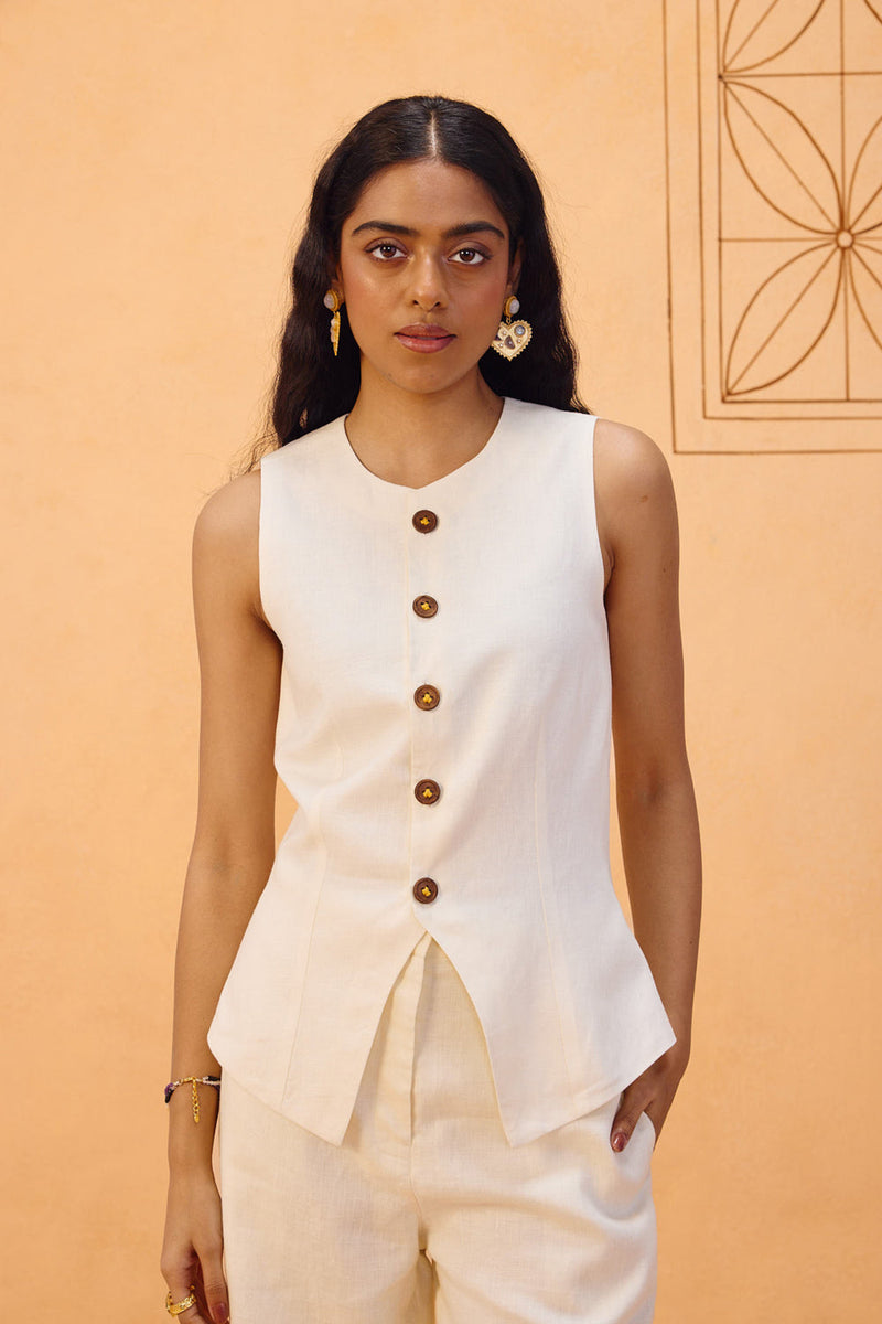 The Slow Linen Waistcoat linen jacket/overlay by SUI in off-white for women in Singapore