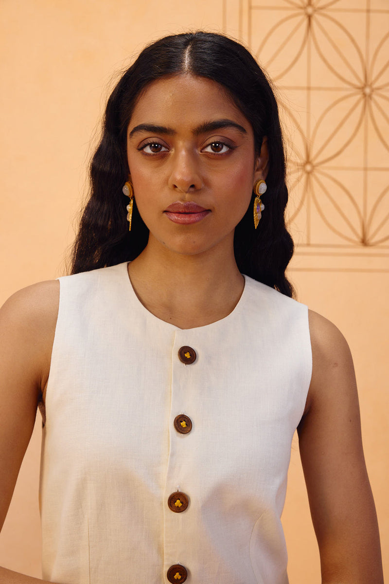 The Slow Linen Waistcoat linen jacket/overlay by SUI in off-white for women in Singapore