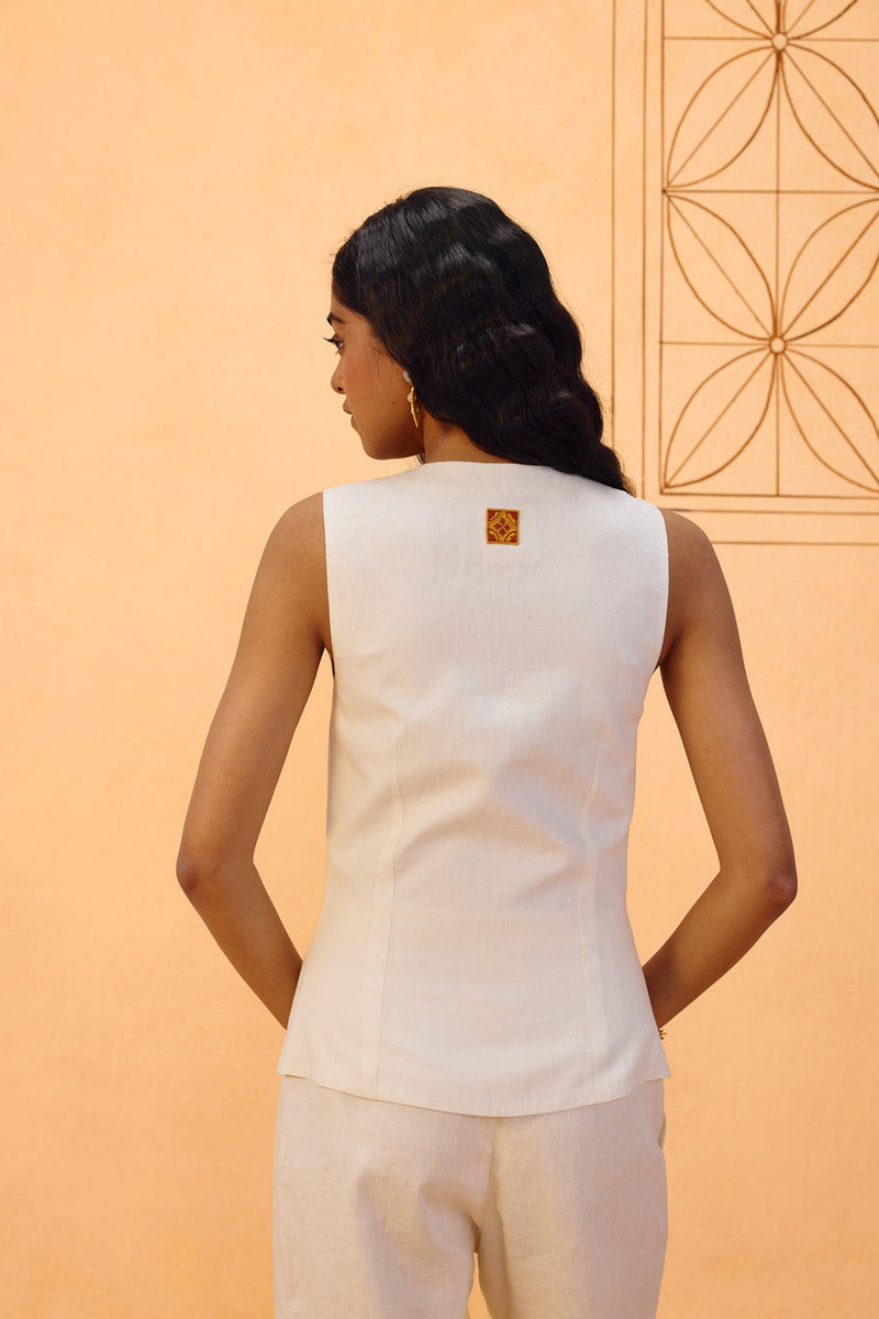 The Slow Linen Waistcoat linen jacket/overlay by SUI in off-white for women in Singapore