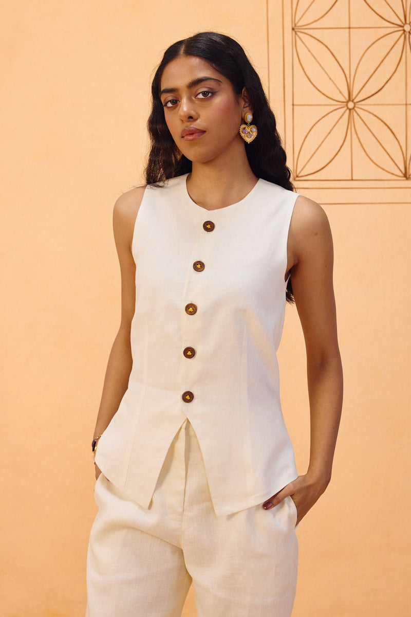The Slow Linen Waistcoat linen jacket/overlay by SUI in off-white for women in Singapore