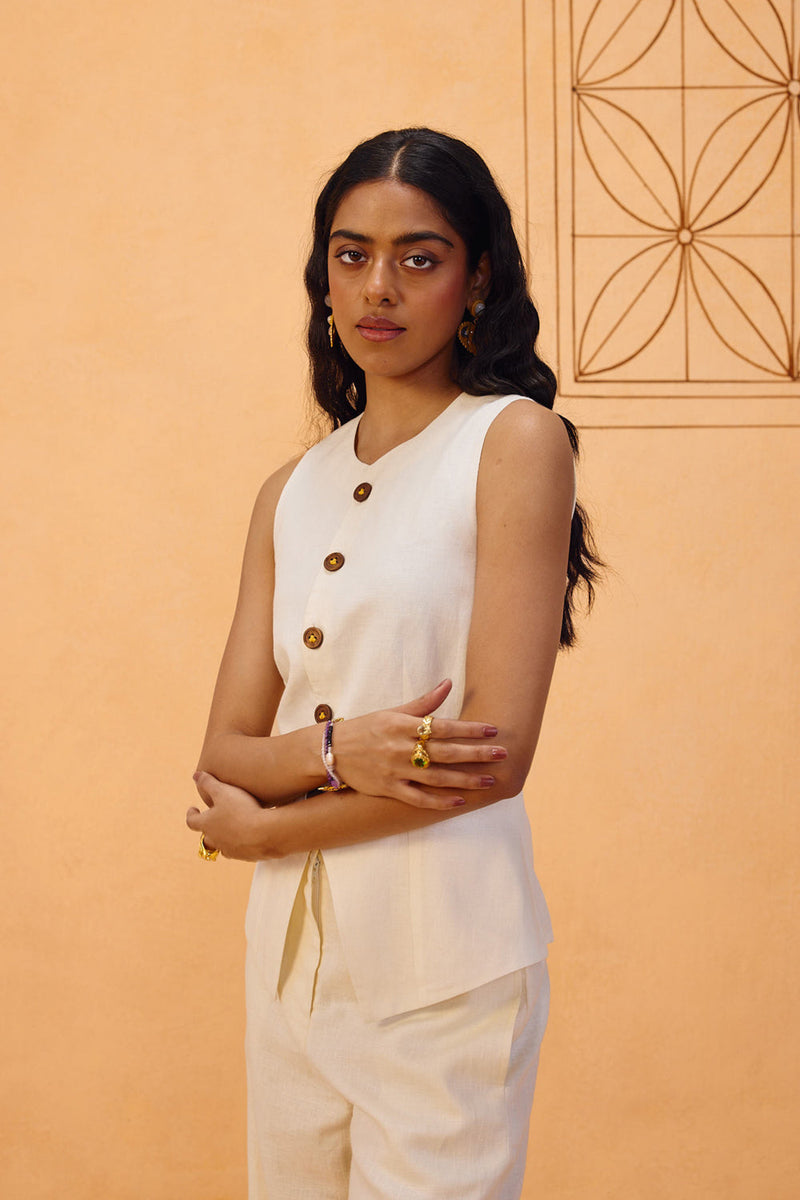 The Slow Linen Waistcoat linen jacket/overlay by SUI in off-white for women in Singapore