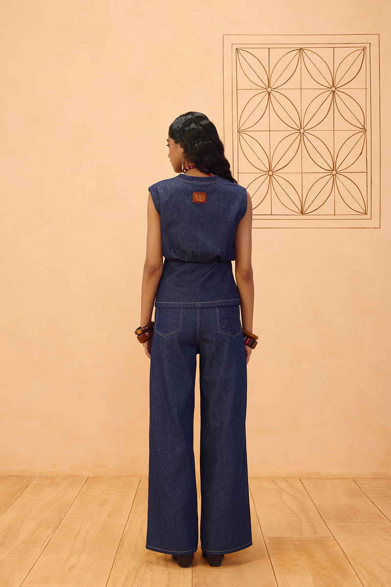 The Timeless Sustainable Denim Waistcoat denim jacket/overlay by SUI in blue for women in Singapore
