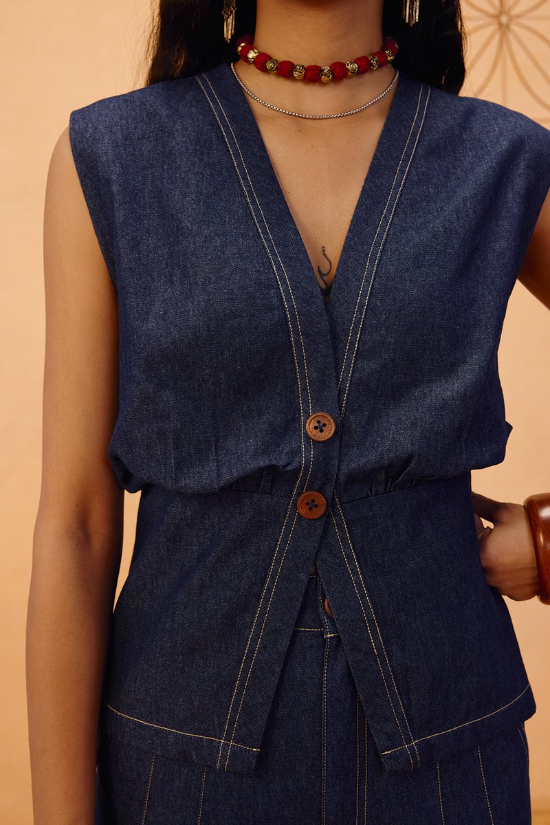 The Timeless Sustainable Denim Waistcoat denim jacket/overlay by SUI in blue for women in Singapore