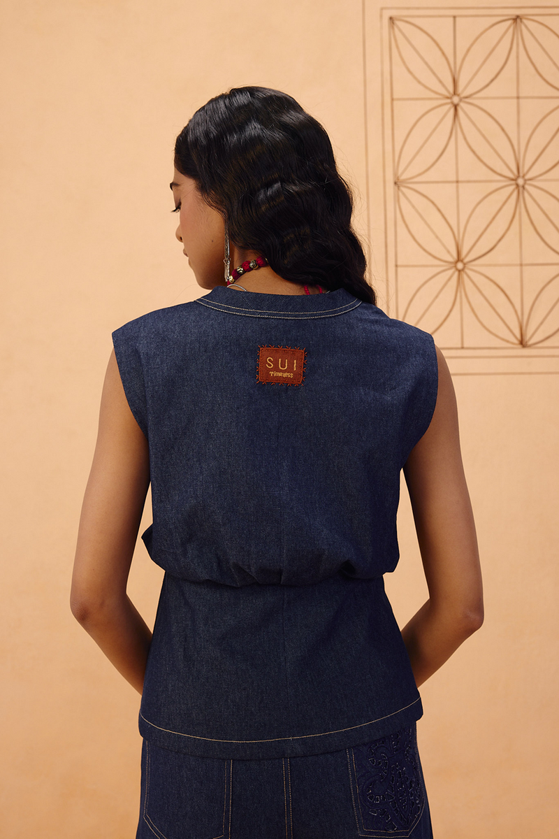 The Timeless Sustainable Denim Waistcoat denim jacket/overlay by SUI in blue for women in Singapore