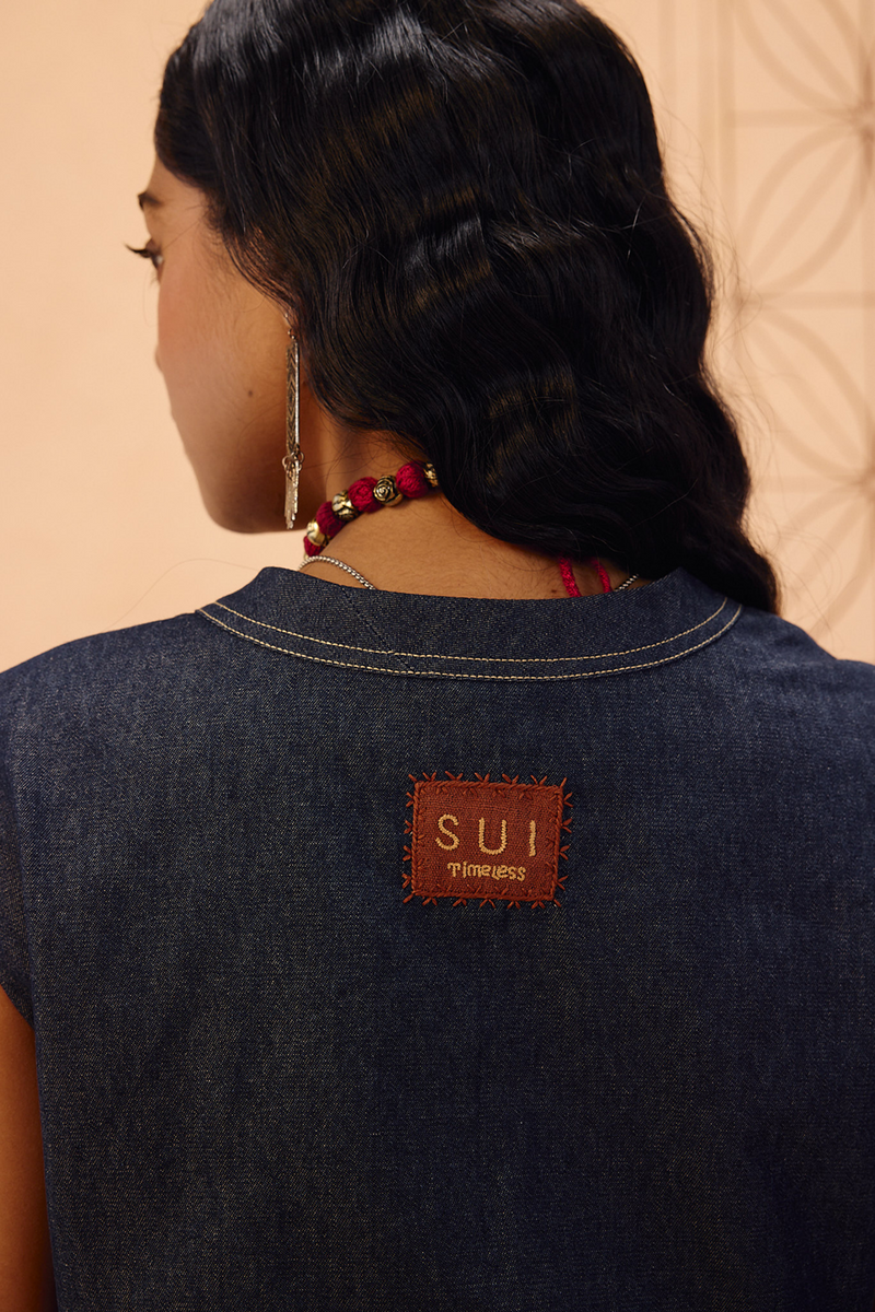 The Timeless Sustainable Denim Waistcoat denim jacket/overlay by SUI in blue for women in Singapore