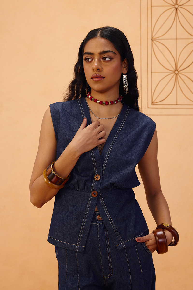 The Timeless Sustainable Denim Waistcoat denim jacket/overlay by SUI in blue for women in Singapore