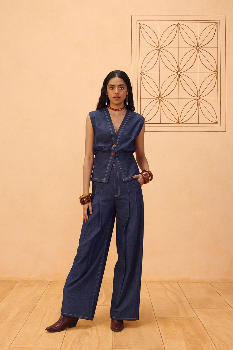 The Timeless Sustainable Denim Waistcoat denim jacket/overlay by SUI in blue for women in Singapore