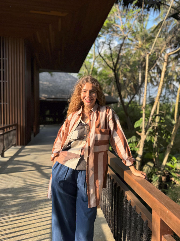 The Brown Striped Amri Jacket cotton by World of Crow in brown color for women in Singapore