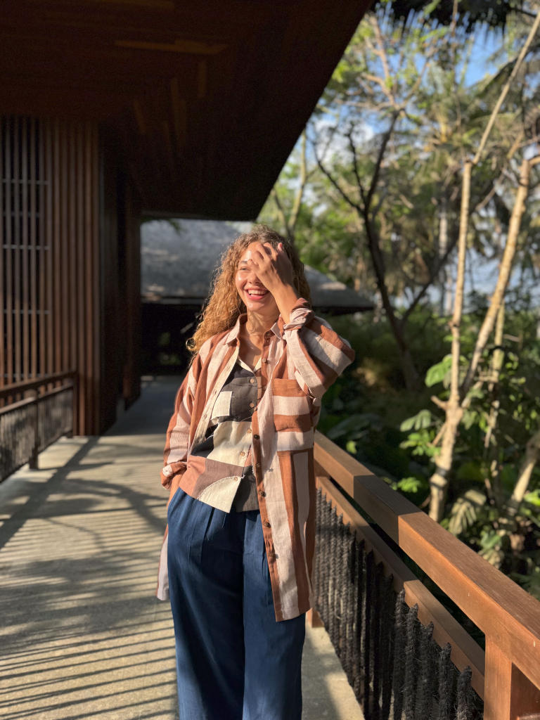 The Brown Striped Amri Jacket cotton by World of Crow in brown color for women in Singapore