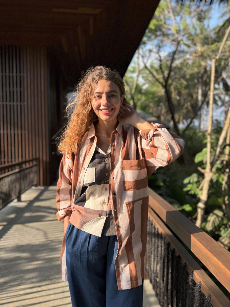 The Brown Striped Amri Jacket cotton by World of Crow in brown color for women in Singapore