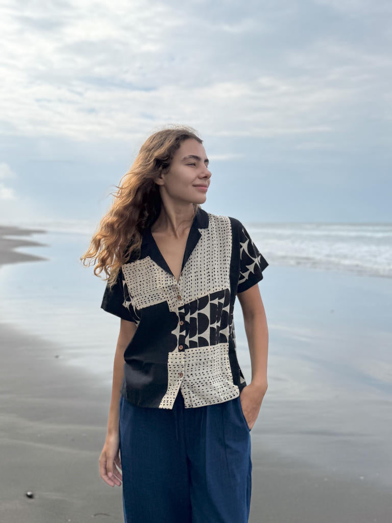 The Half Moons Boro - Boro Shirt cotton by World of Crow in black color for women in Singapore